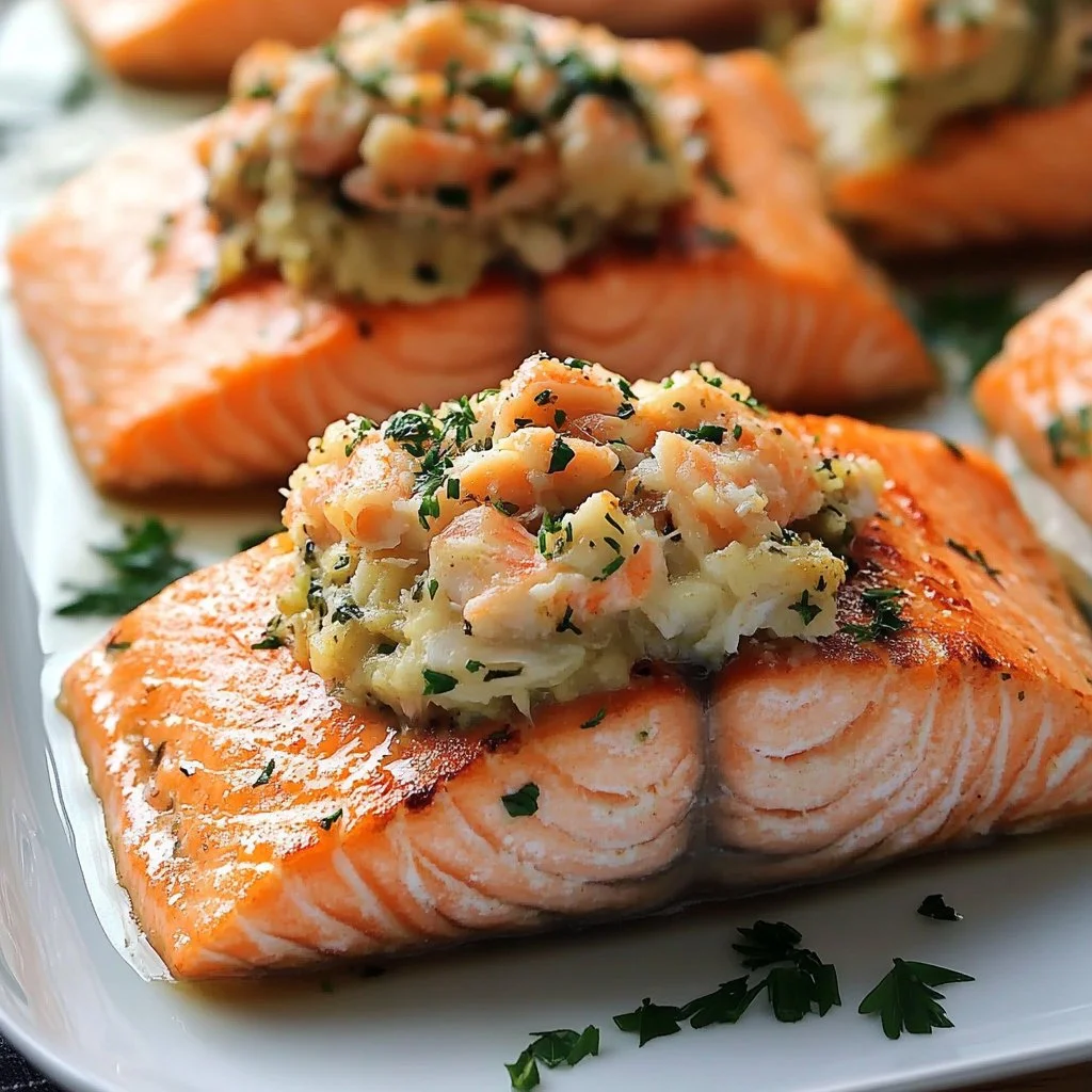 Crab-Stuffed Salmon dish garnished with fresh herbs and lemon slices