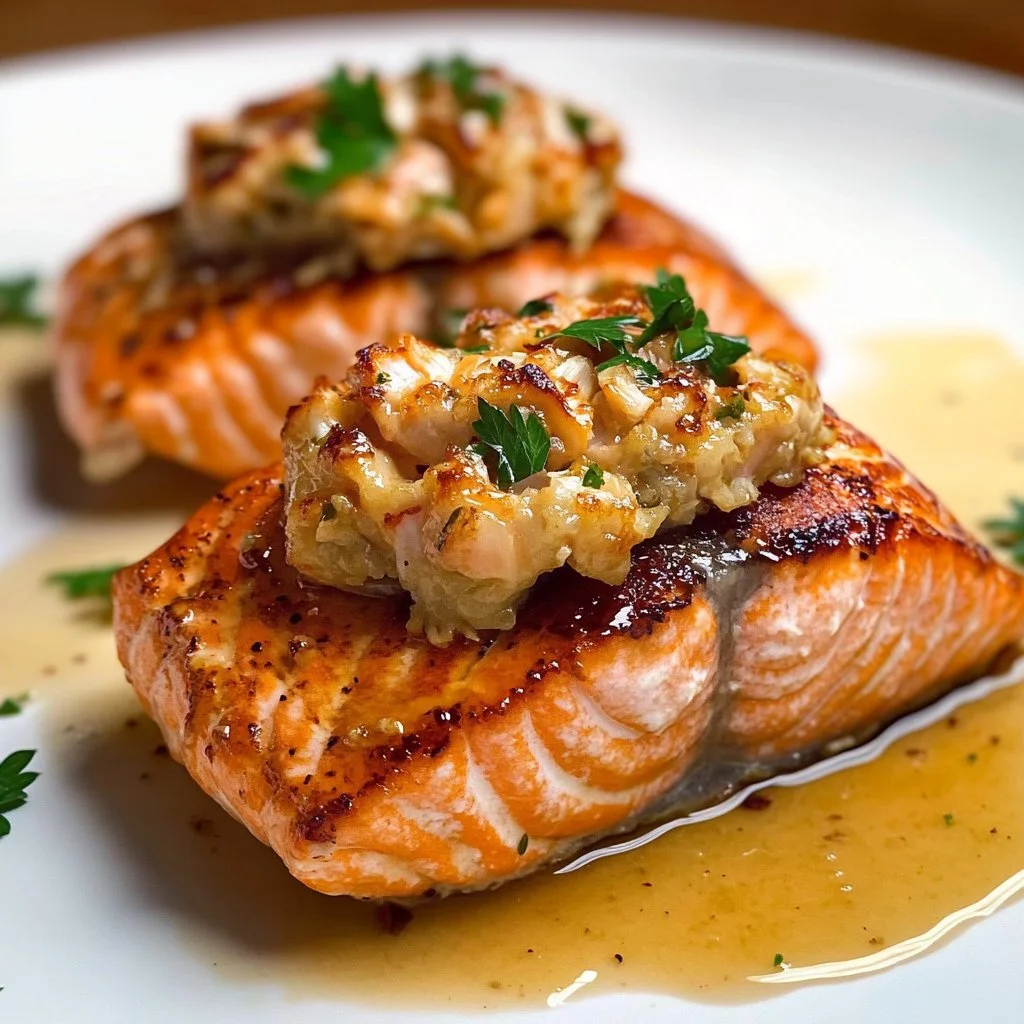 Delicious crab stuffed salmon fillet on a plate garnished with herbs