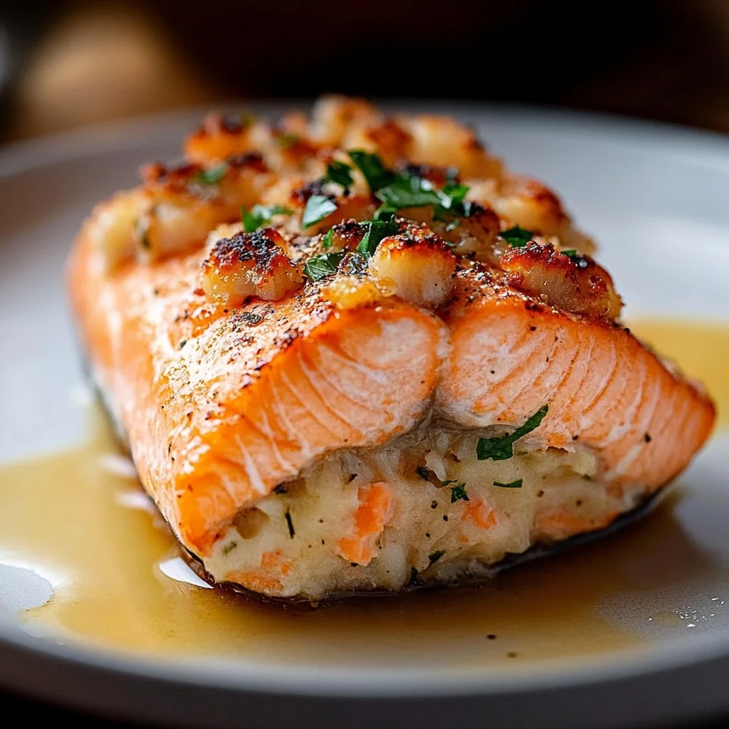 Delicious crab-stuffed salmon fillet garnished with herbs