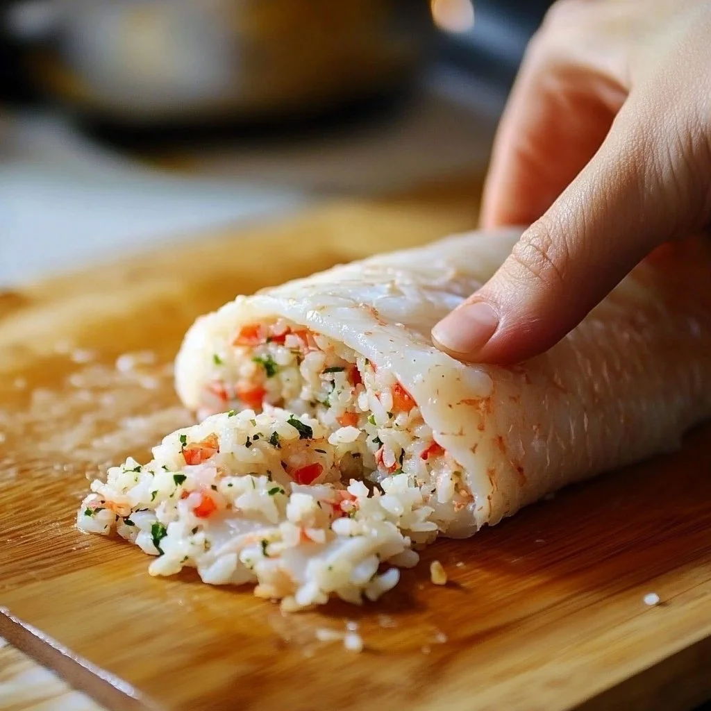 Delicious crab stuffed whitefish garnished and ready to serve