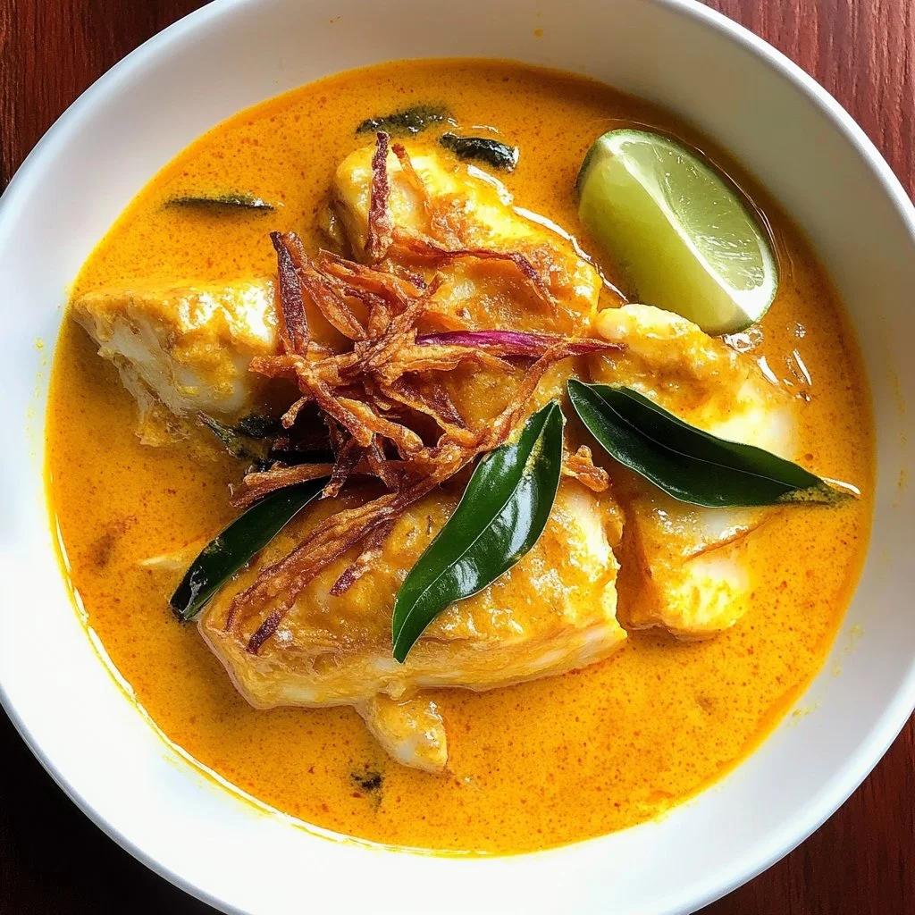 Bowl of creamy coconut Indonesian fish curry with herbs and spices