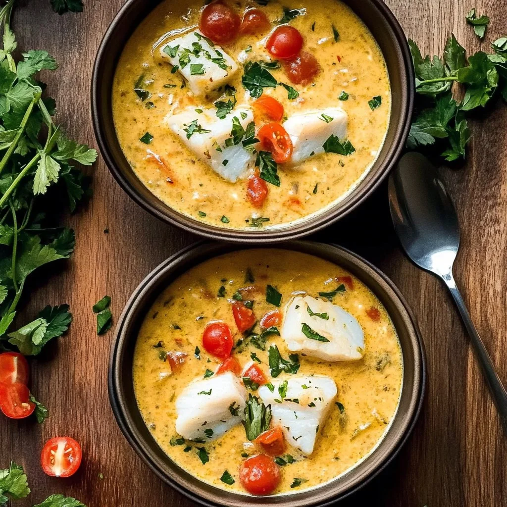 Delicious creamy coconut white fish stew served in a bowl