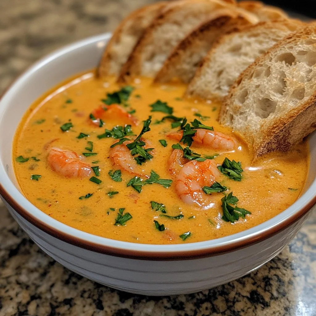 Creamy crab and shrimp seafood bisque garnished with herbs