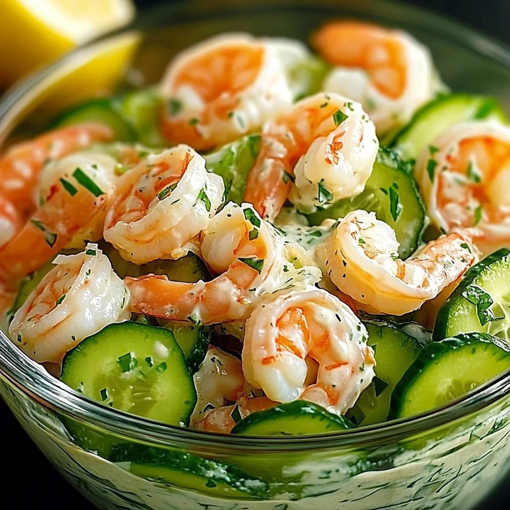 Creamy cucumber shrimp salad garnished with herbs and served in a bowl