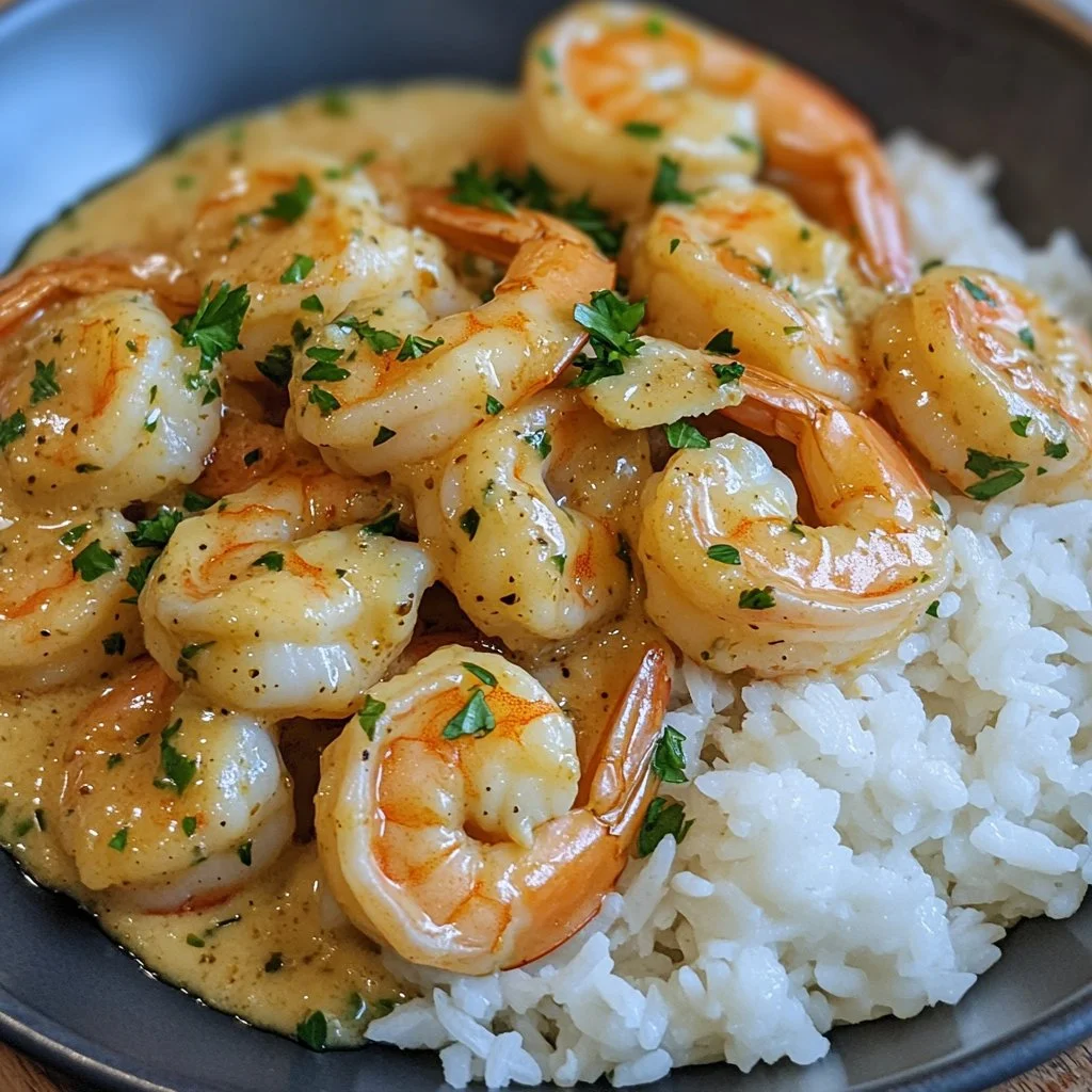 Creamy garlic butter shrimp served over rice, garnished with fresh herbs.