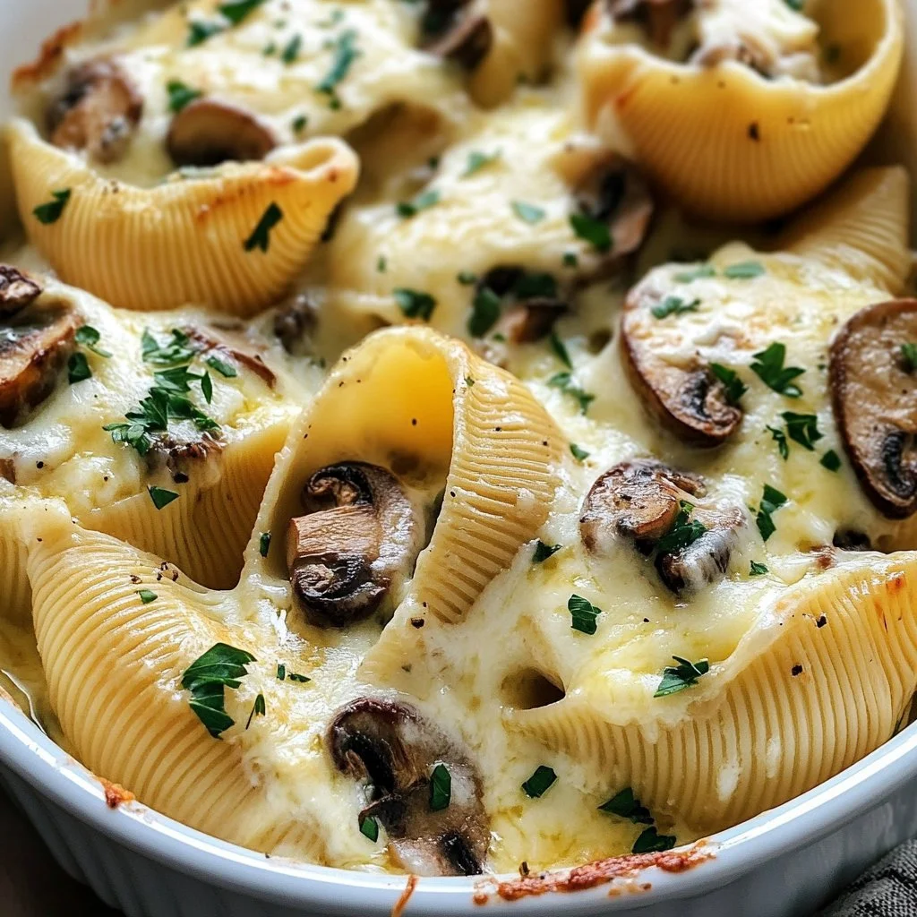Creamy garlic mushroom stuffed shells plated with fresh herbs