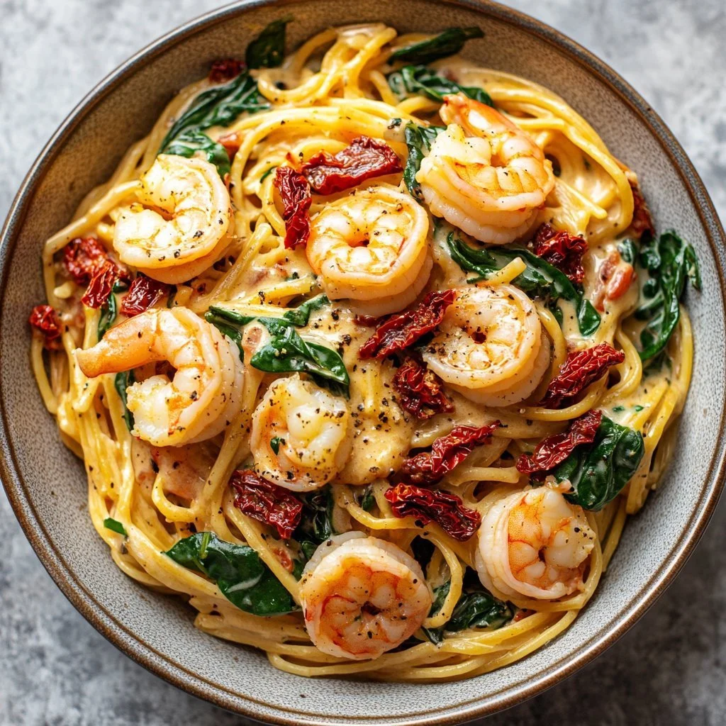 Creamy Tuscan shrimp linguine with shrimp, garlic, and a rich sauce