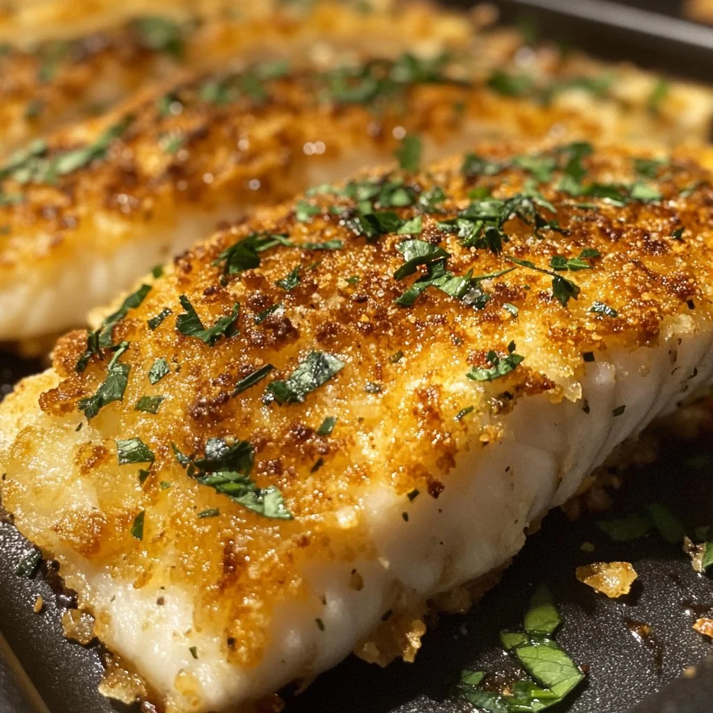 Crispy baked fish served with lemon and herbs on a plate