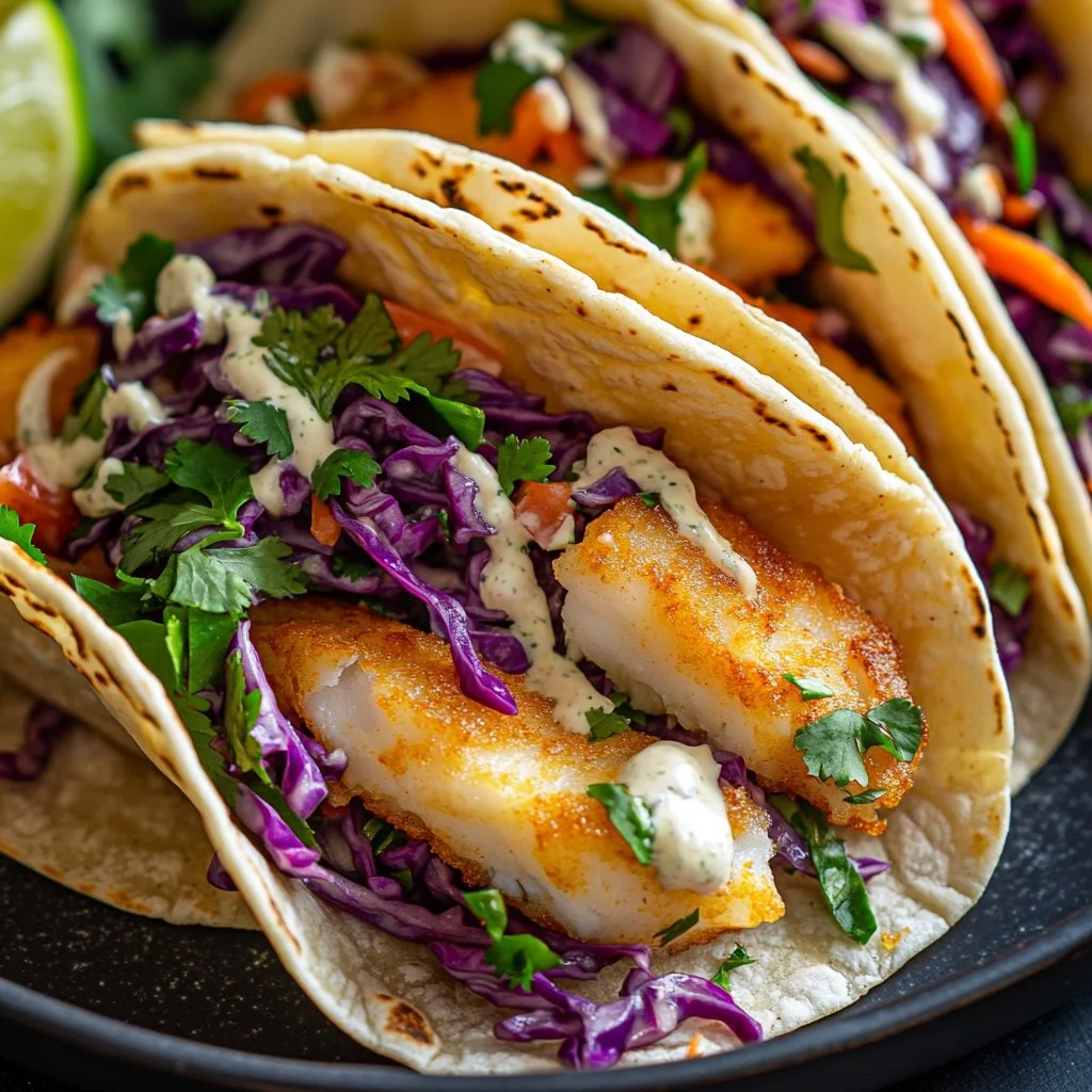 Crispy fish tacos with slaw and lime crema on a wooden plate