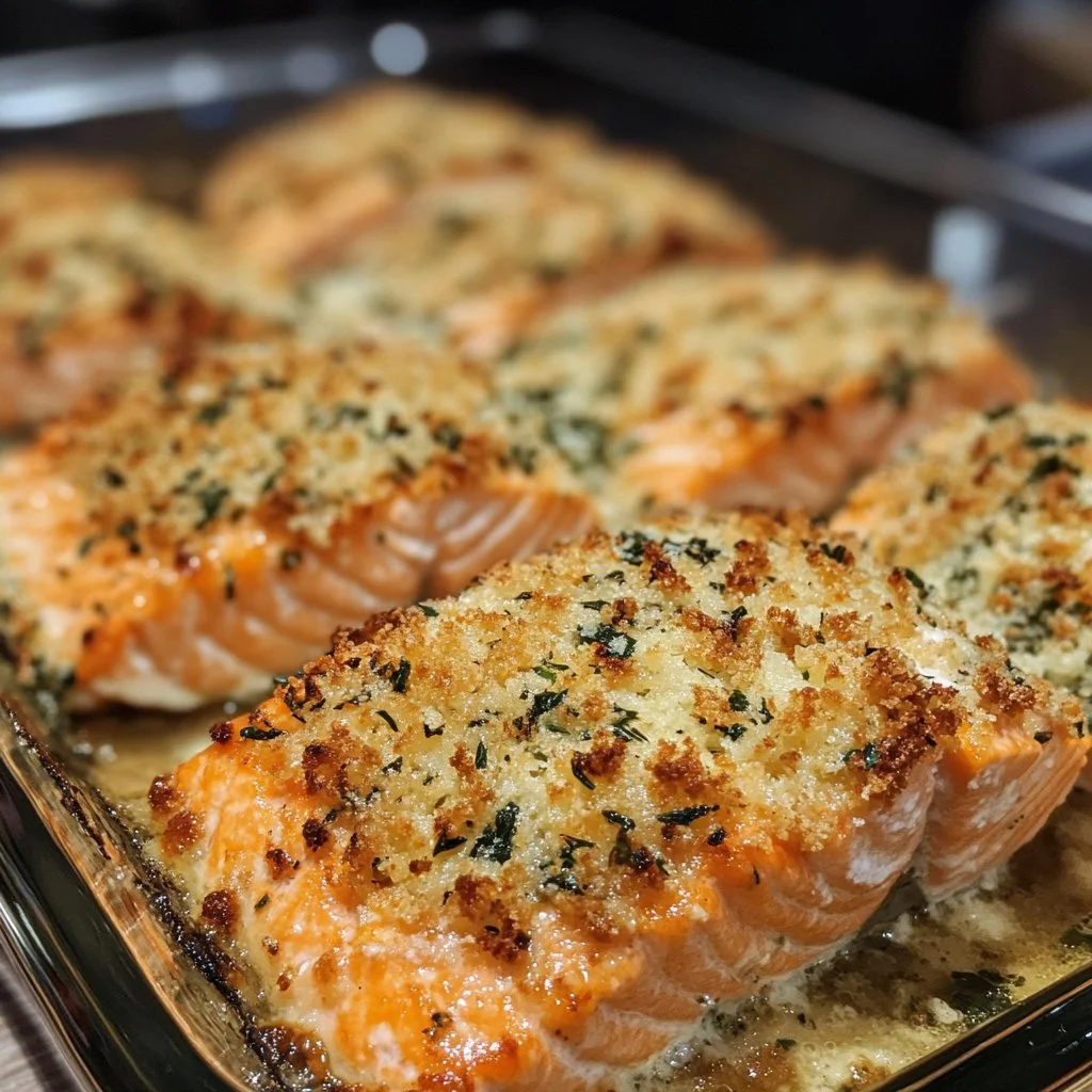 Crispy Parmesan Salmon Bake served on a plate with fresh herbs
