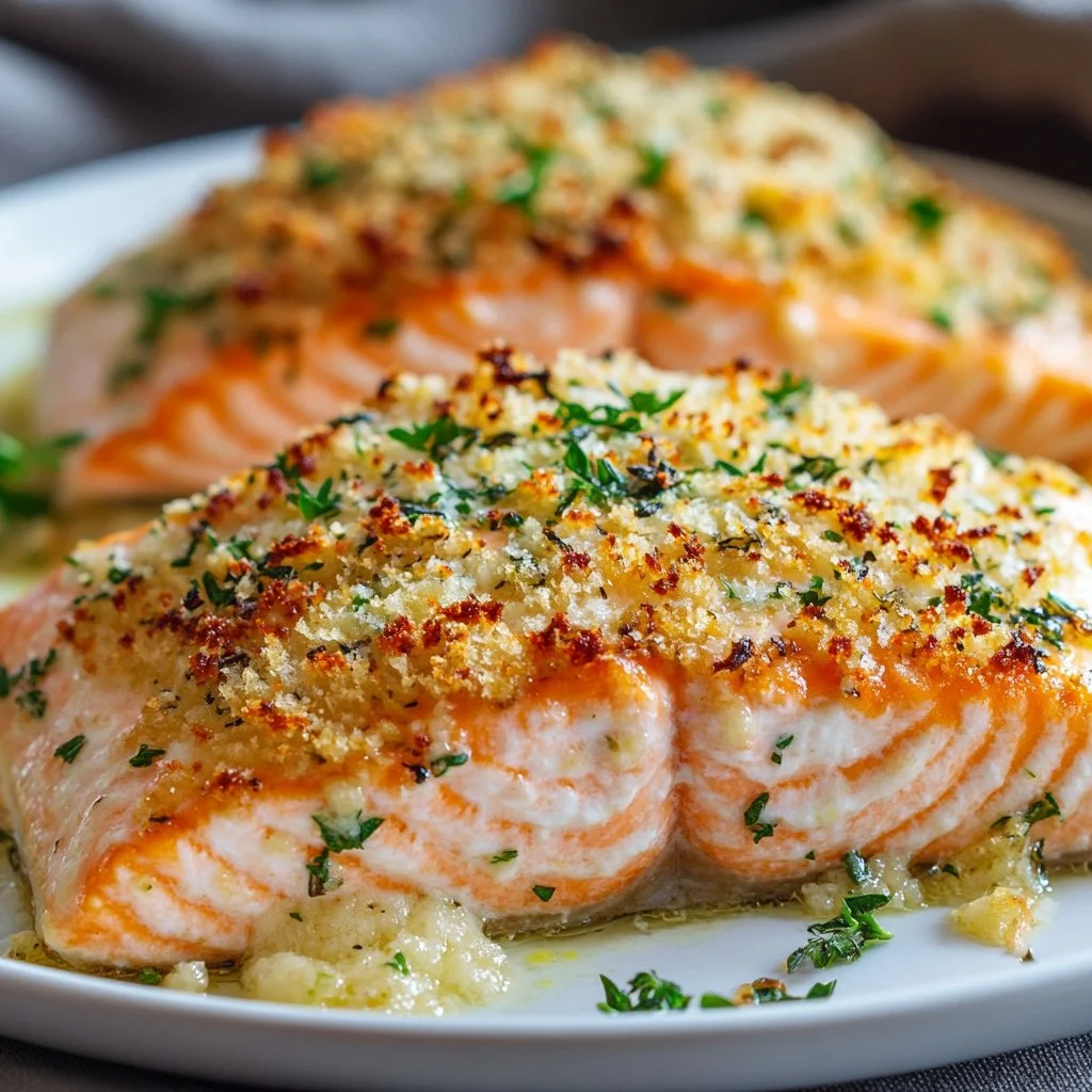 Crispy Parmesan Salmon Bake garnished with herbs on a plate