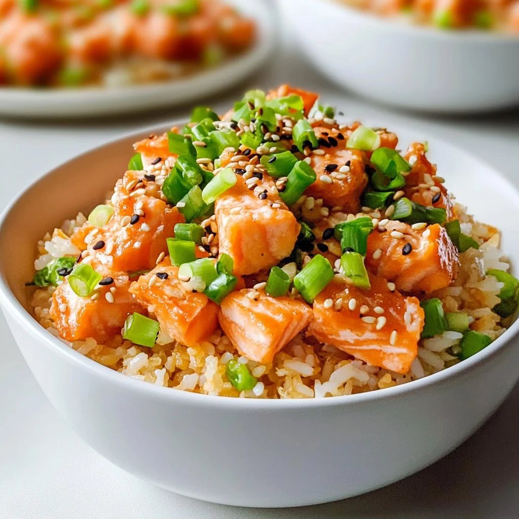Plate of crispy rice salmon garnished with fresh herbs and sauce