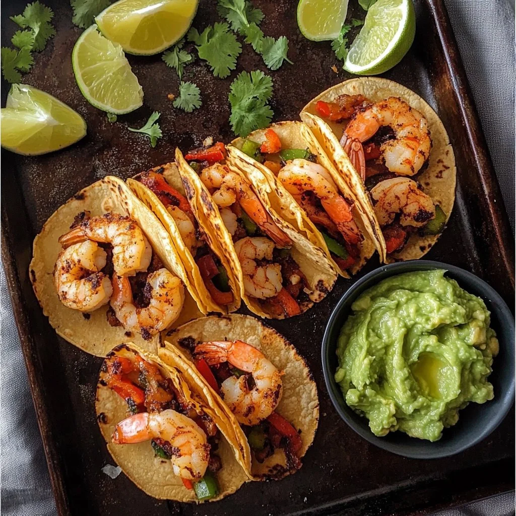 Crispy shrimp tacos topped with fresh vegetables and lime