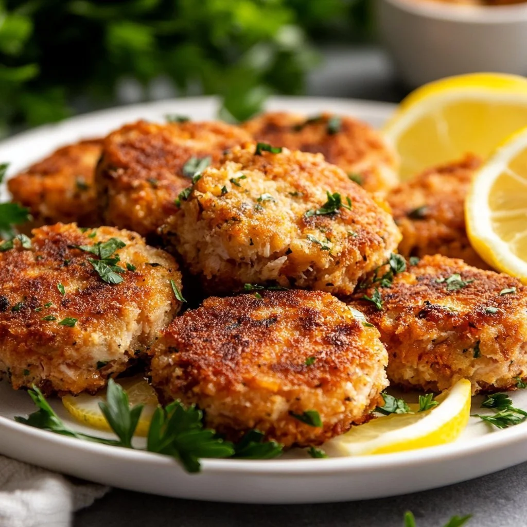 Crispy tuna cakes garnished with herbs on a plate