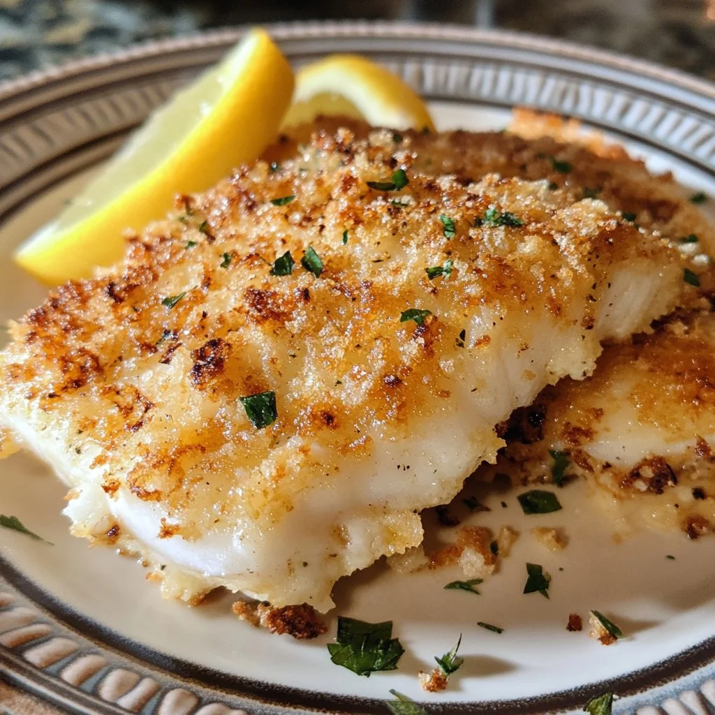 Crunchy Parmesan Crusted Fish fresh from the oven, garnished and ready to serve.