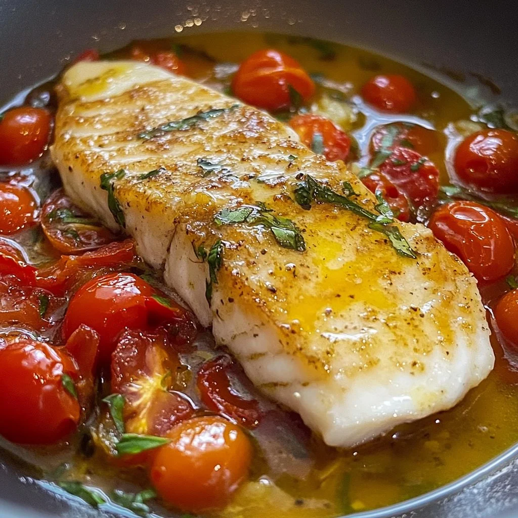 Delicious Fish Pan dish served with fresh vegetables and herbs