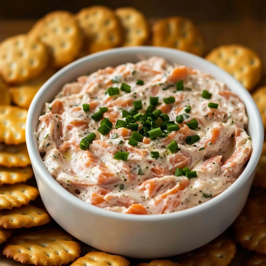 Delicious smoked salmon dip served in a bowl with crackers