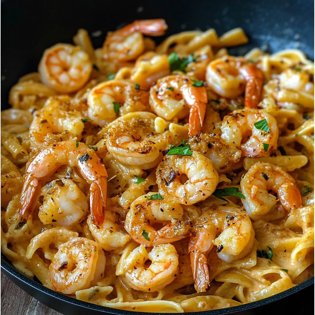 Plate of easy bang bang shrimp pasta garnished with herbs