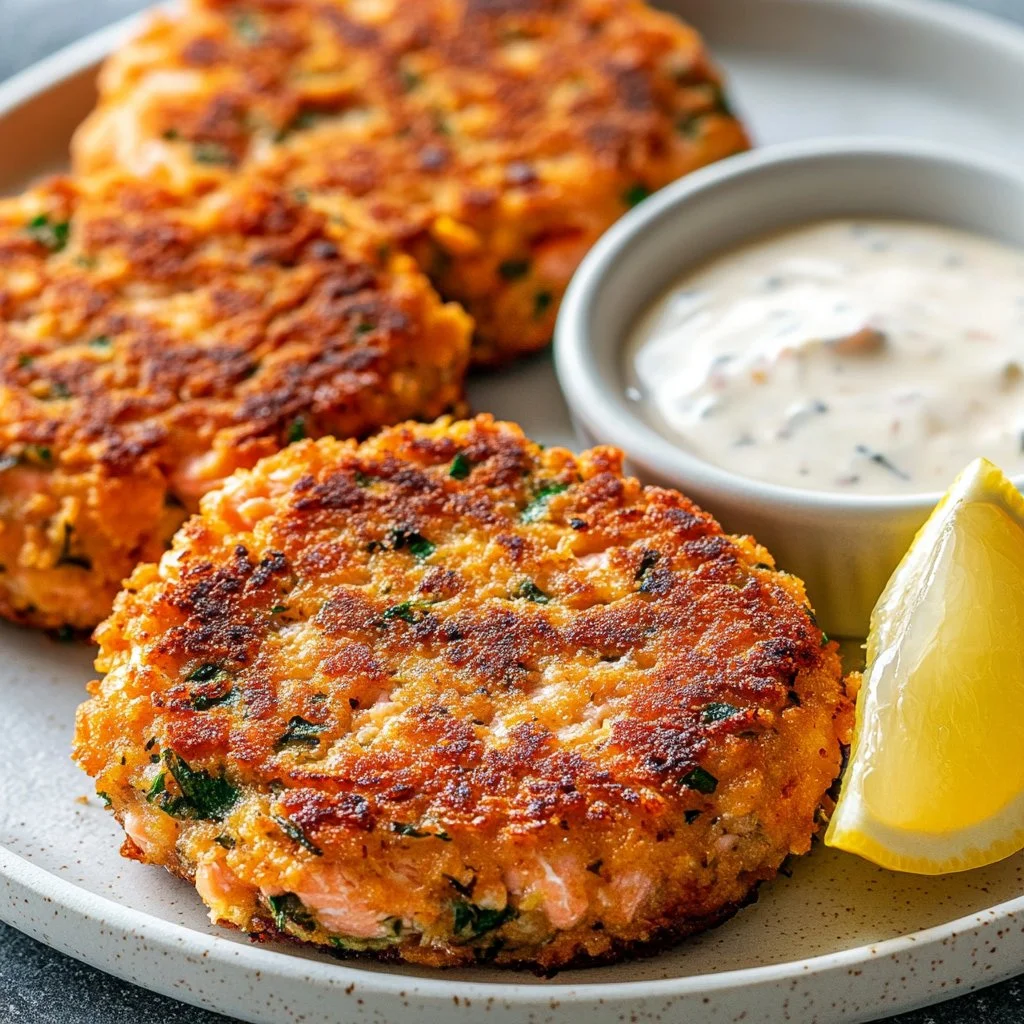 Delicious easy canned salmon patties served on a plate with fresh herbs