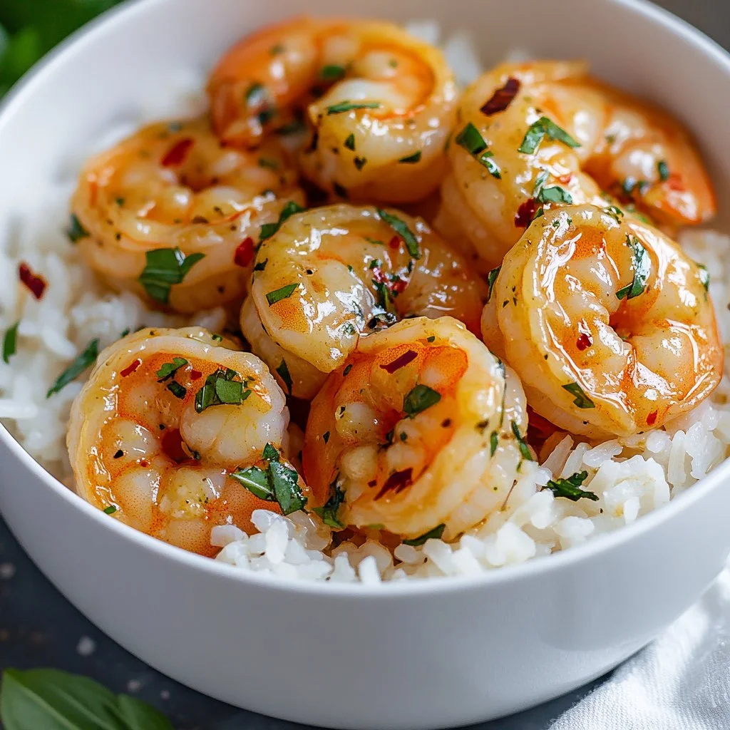 Delicious and creamy garlic shrimp garnished with parsley on a white plate.