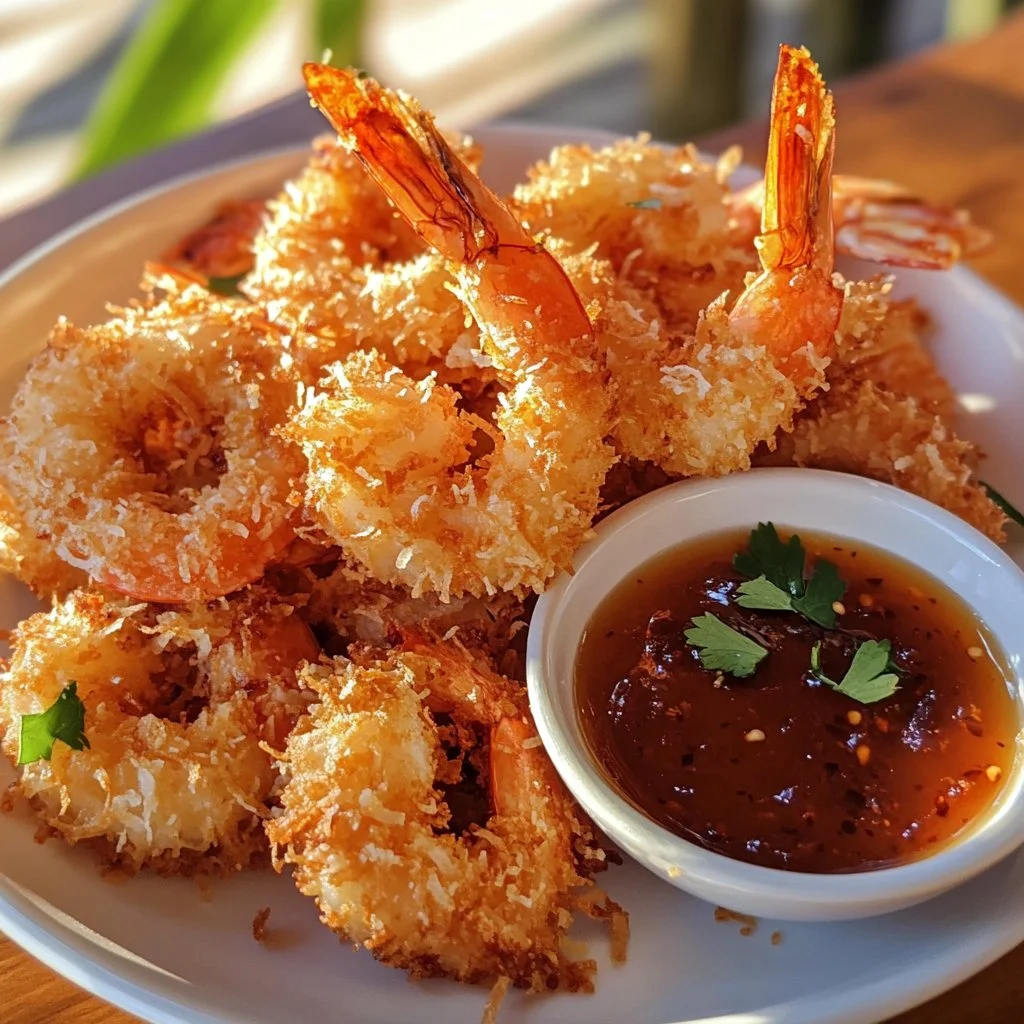 Plate of easy crispy coconut shrimp with a dipping sauce