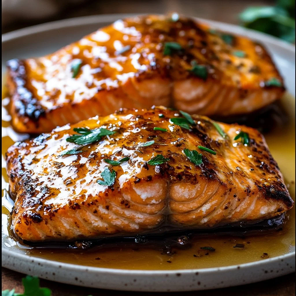 Crispy honey garlic glazed salmon fillet served with fresh vegetables