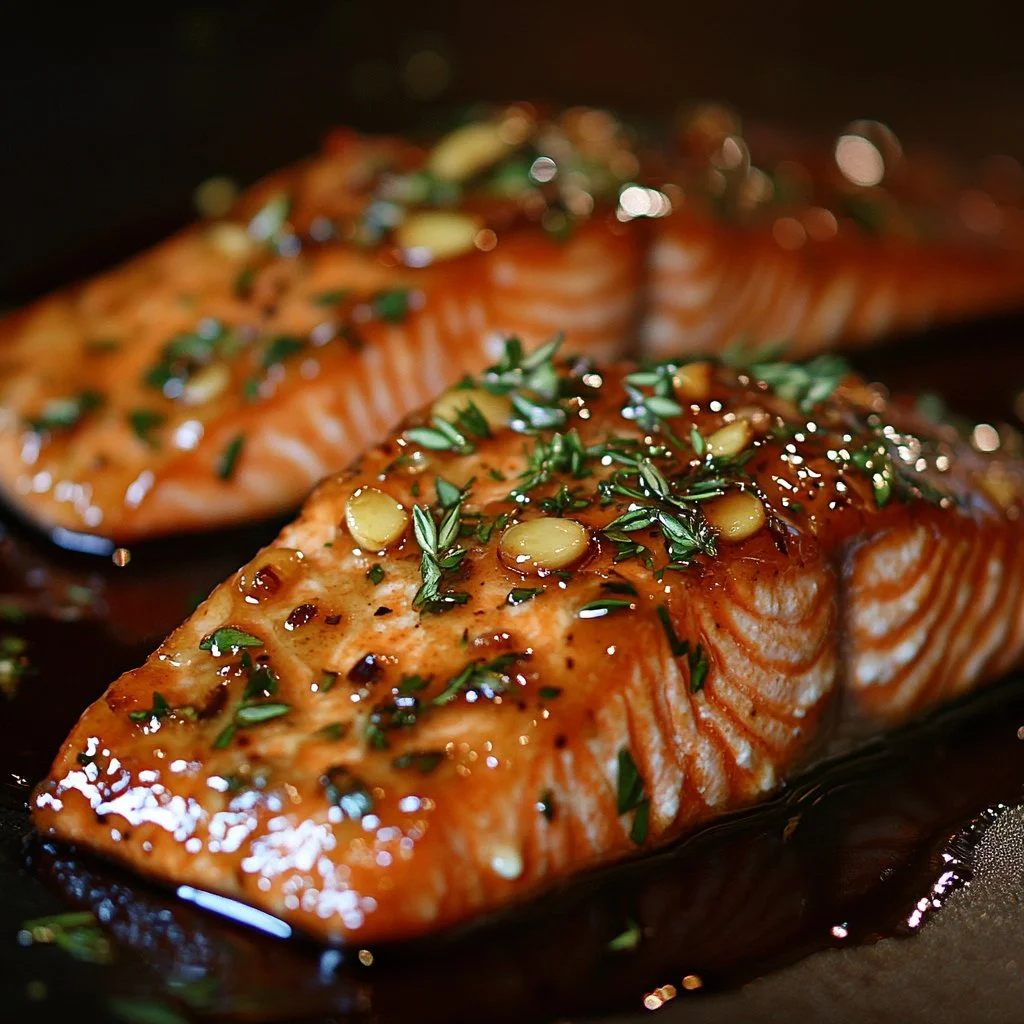Delicious honey garlic glazed salmon garnished with herbs on a plate.