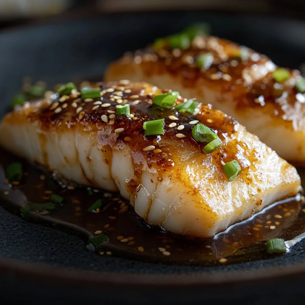 Plate of easy ginger soy cod garnished with herbs