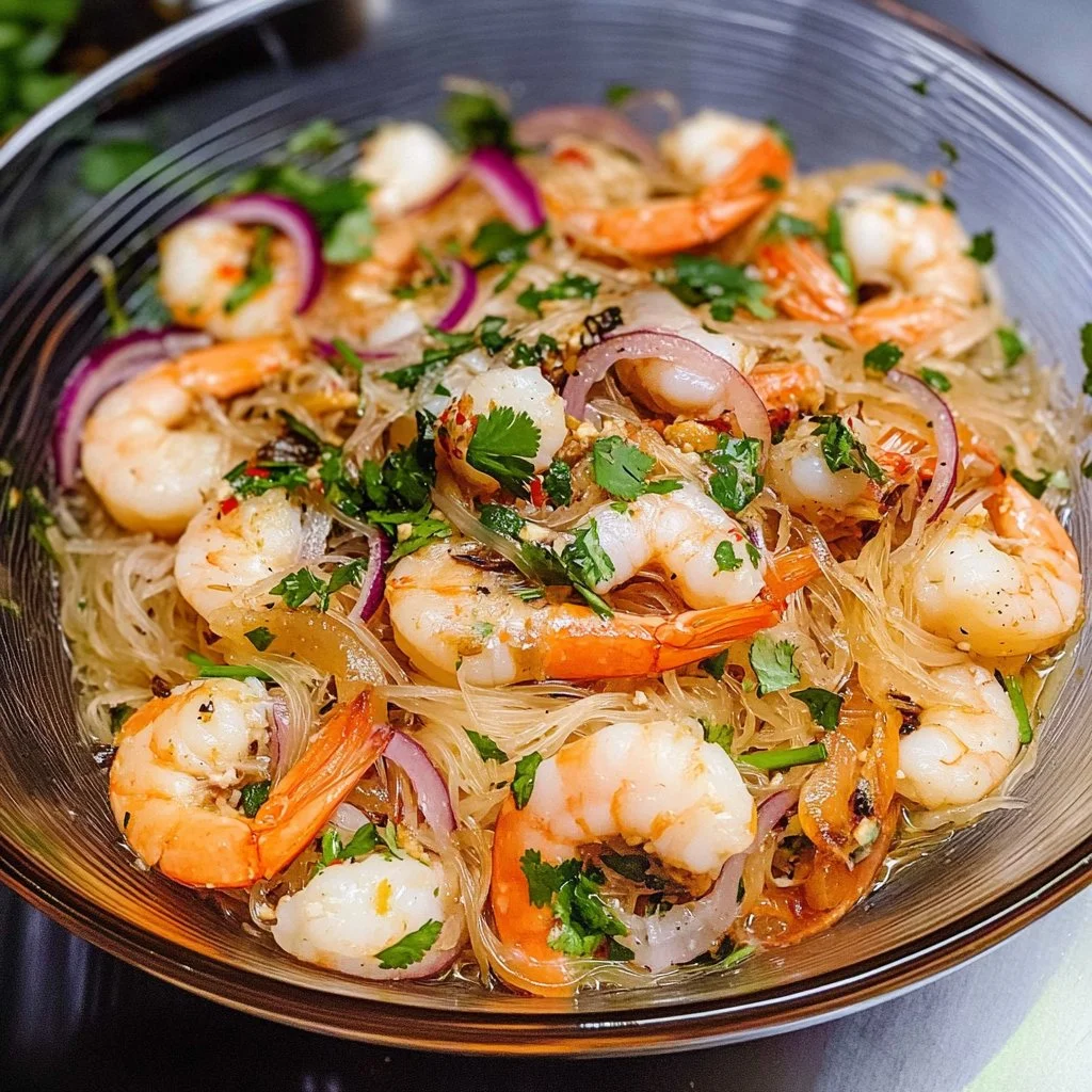 Delicious easy glass noodle salad with fresh vegetables and herbs