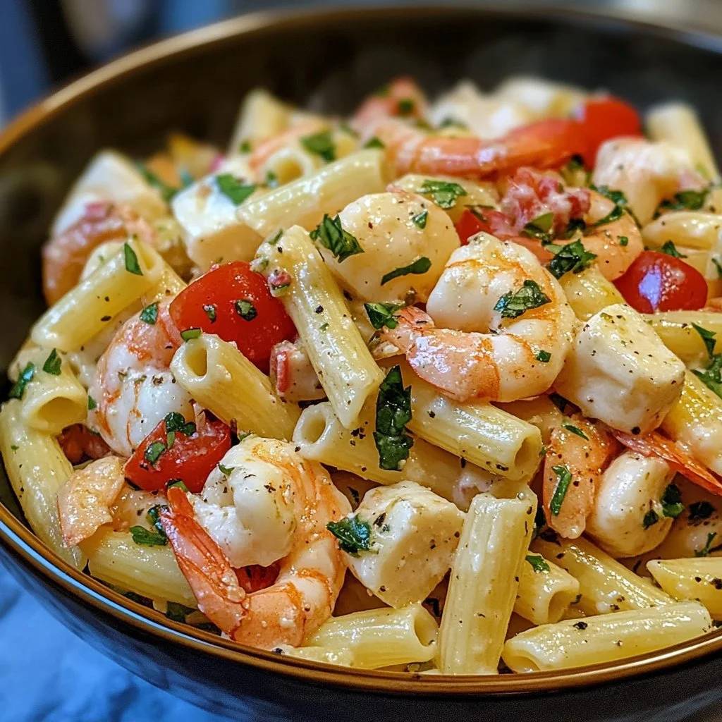 Bowl of easy seafood pasta salad with shrimp, vegetables, and dressing