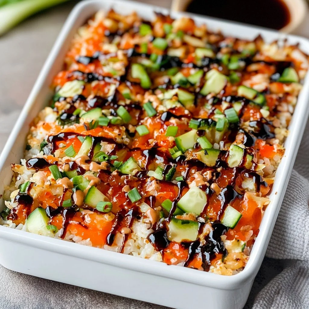A delicious homemade easy sushi bake served in a dish.