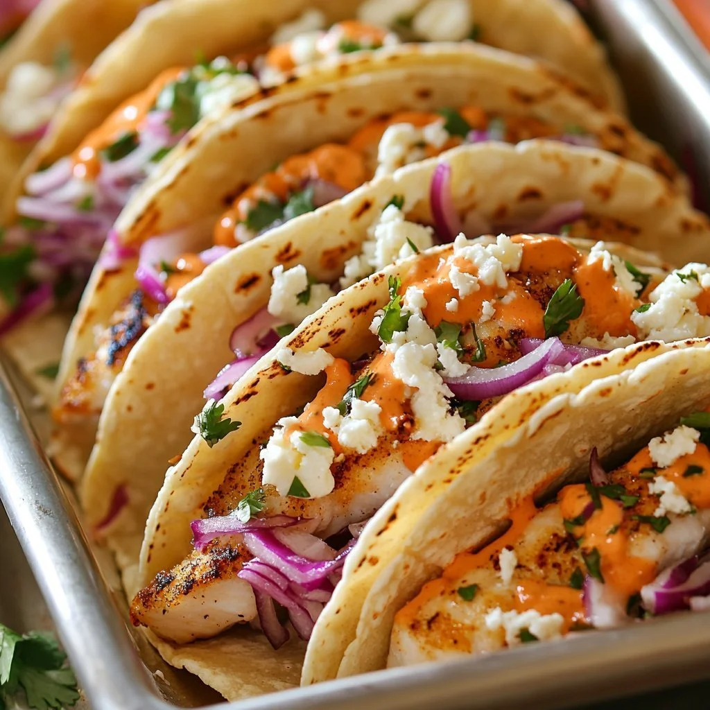 Delicious fish tacos topped with fresh salsa and lime in a soft tortilla