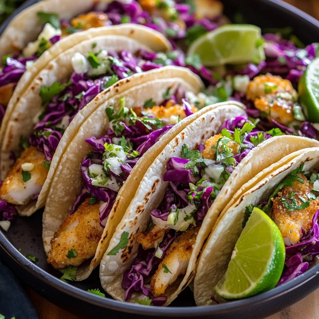 Delicious fish tacos garnished with fresh vegetables and lime slices