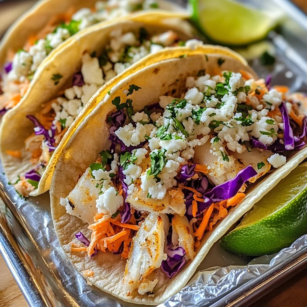 Delicious homemade fish tacos topped with fresh ingredients and lime