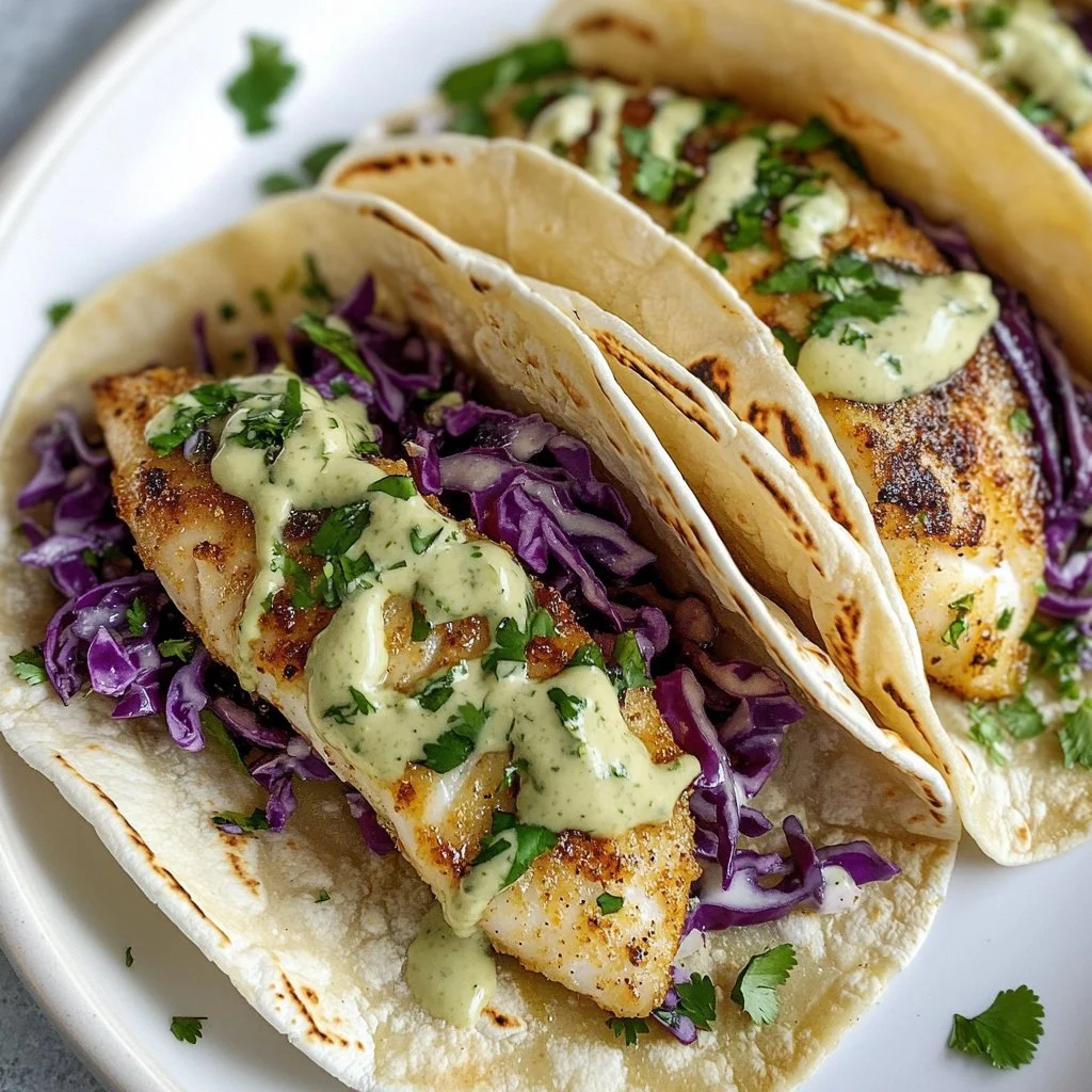 Delicious fish tacos with cabbage slaw and zesty lime crema on a plate
