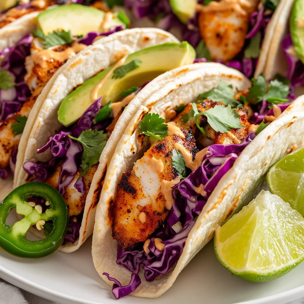 Fish tacos topped with honey lime cilantro slaw served on a plate