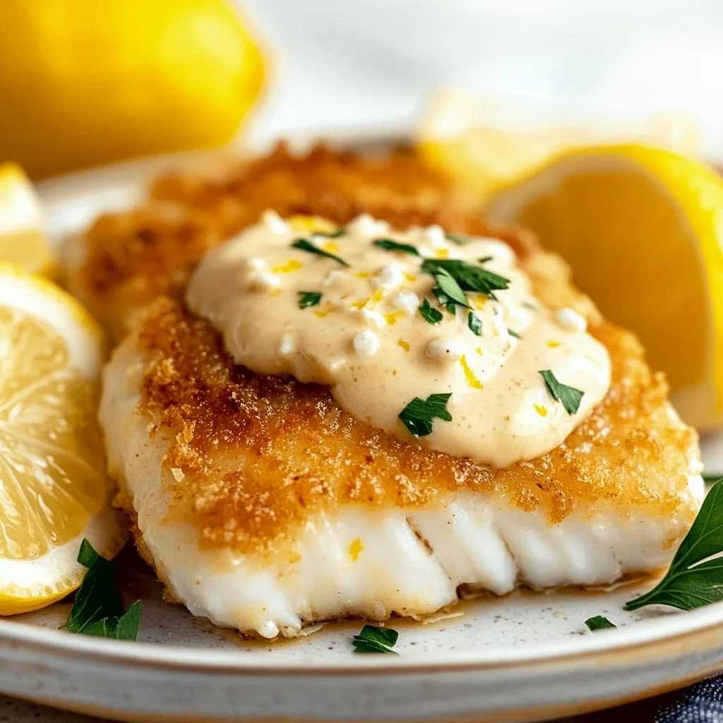 Flavorful baked cod dish with mayo and Parmesan topping served on a plate