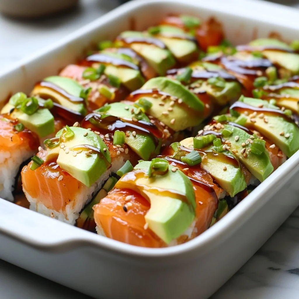 Baked sushi with canned tuna and toppings in a dish