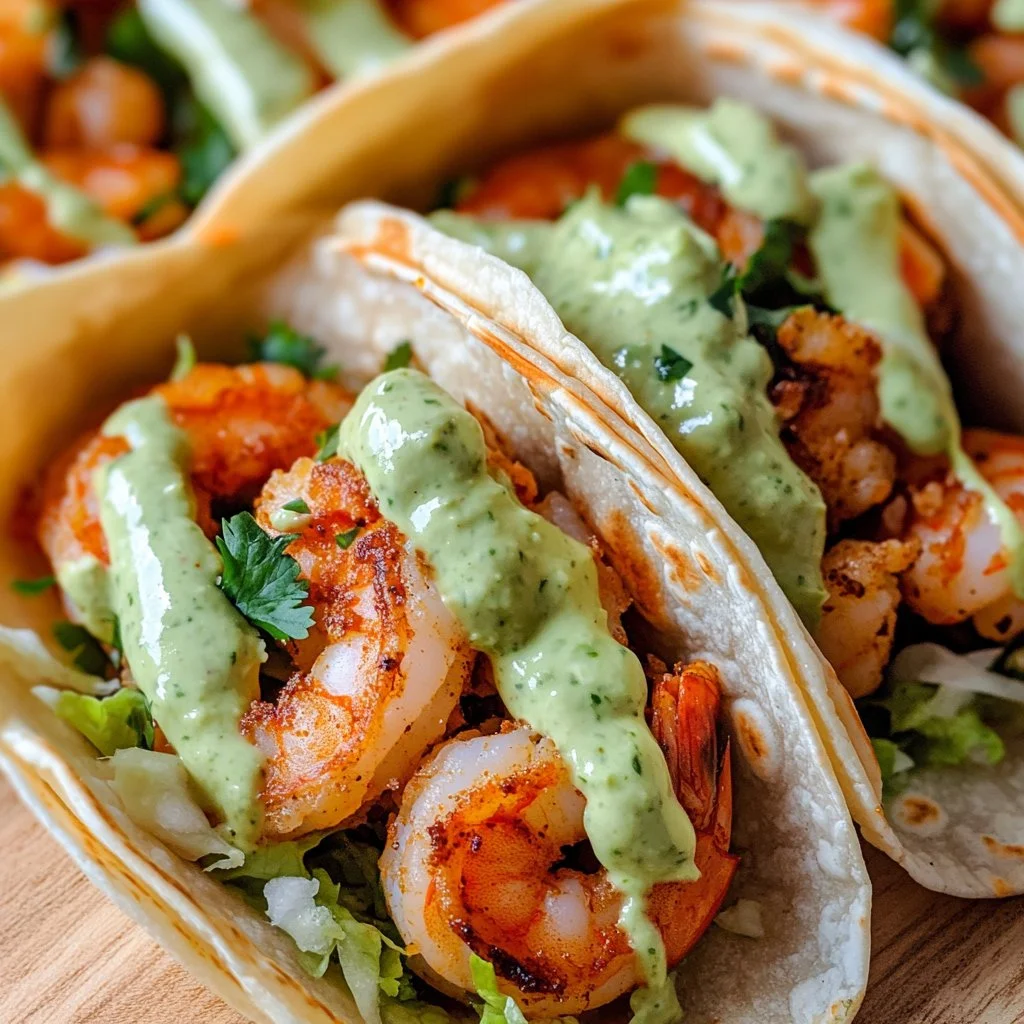 Fresh shrimp tacos with vibrant toppings and a zesty sauce