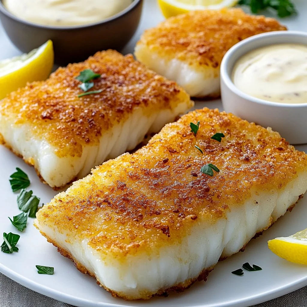 Golden fried cod fillets served with lemon wedges and tartar sauce