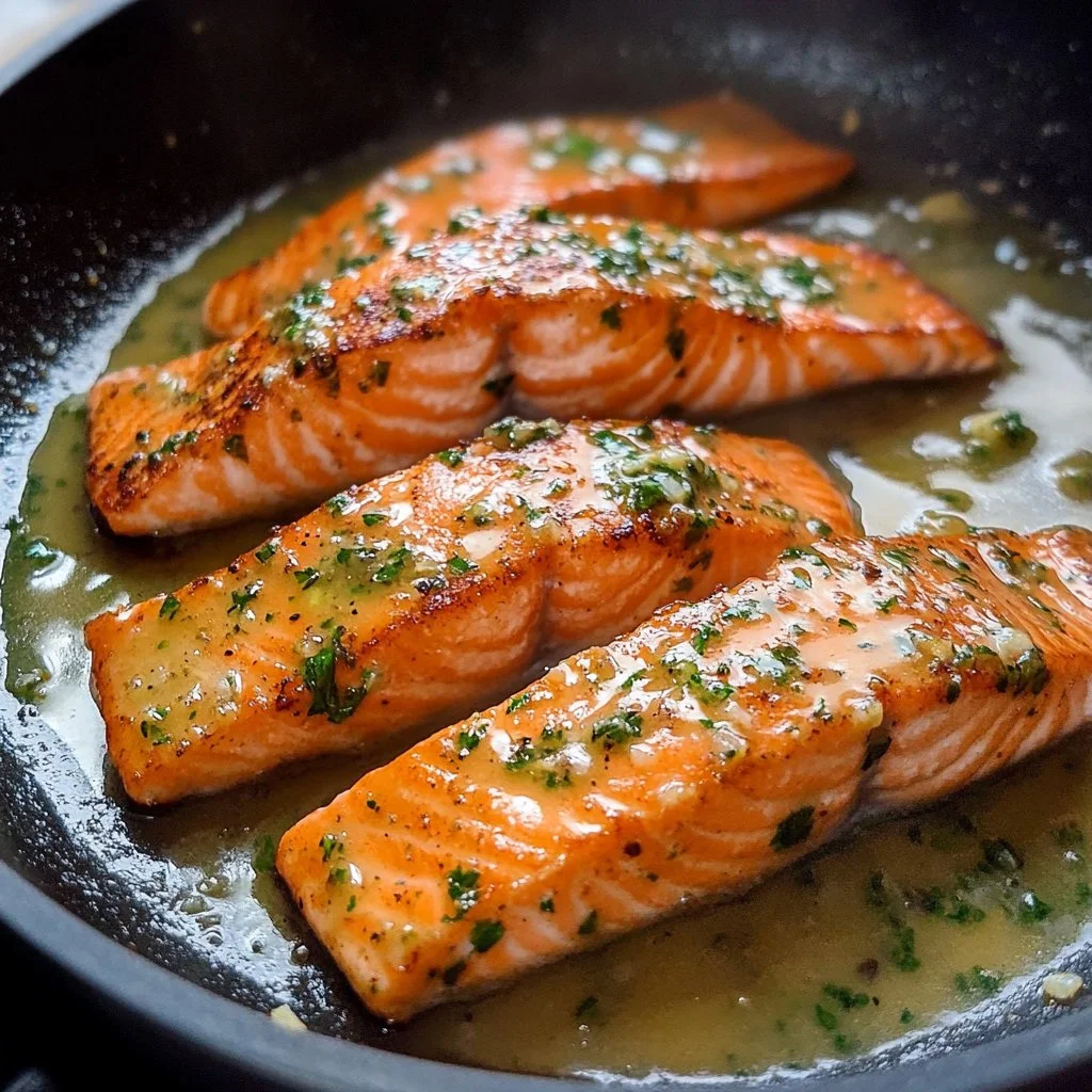 Delicious Garlic Butter Salmon garnished with herbs and lemon