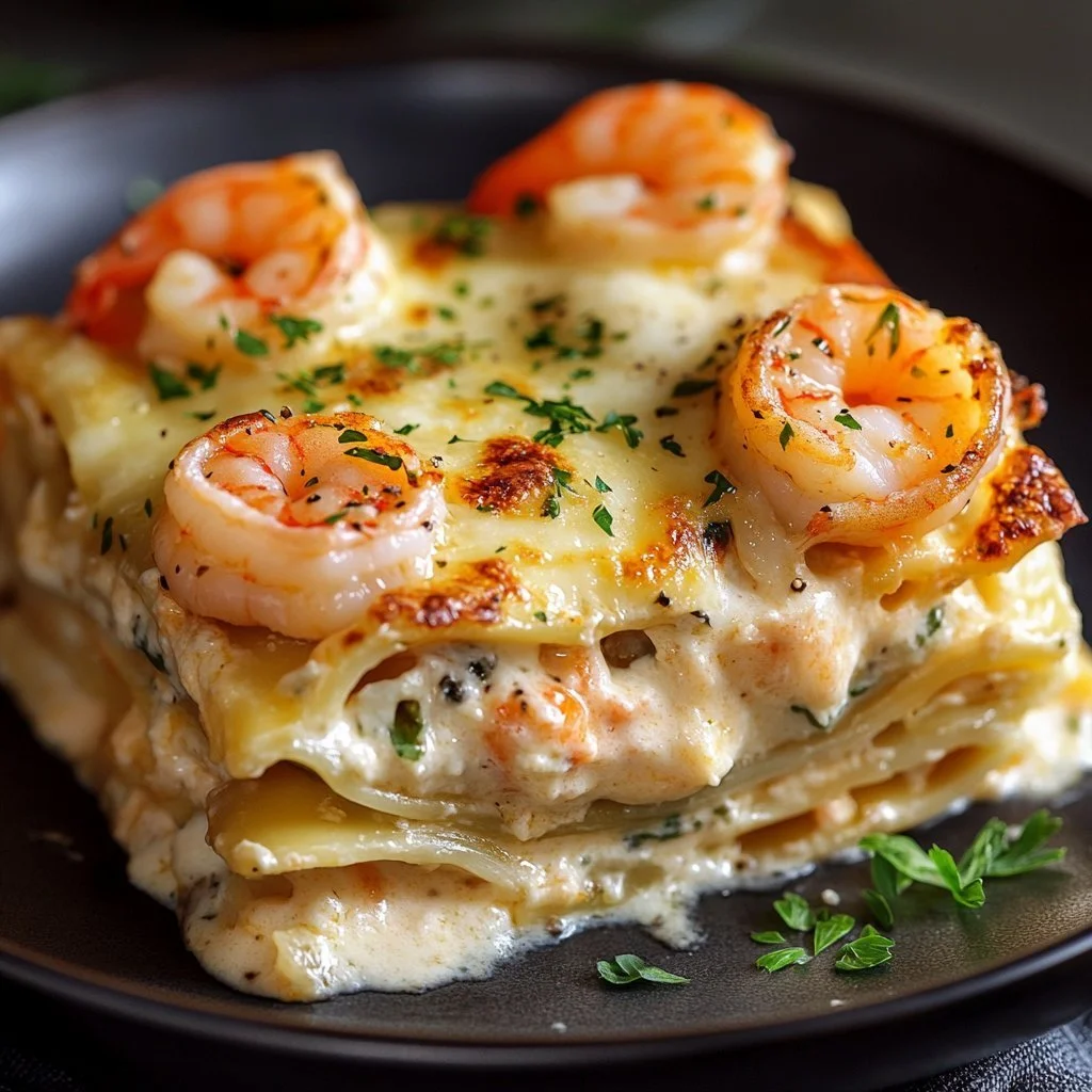 Delicious Garlic Butter Shrimp Scampi Lasagna topped with herbs and cheese