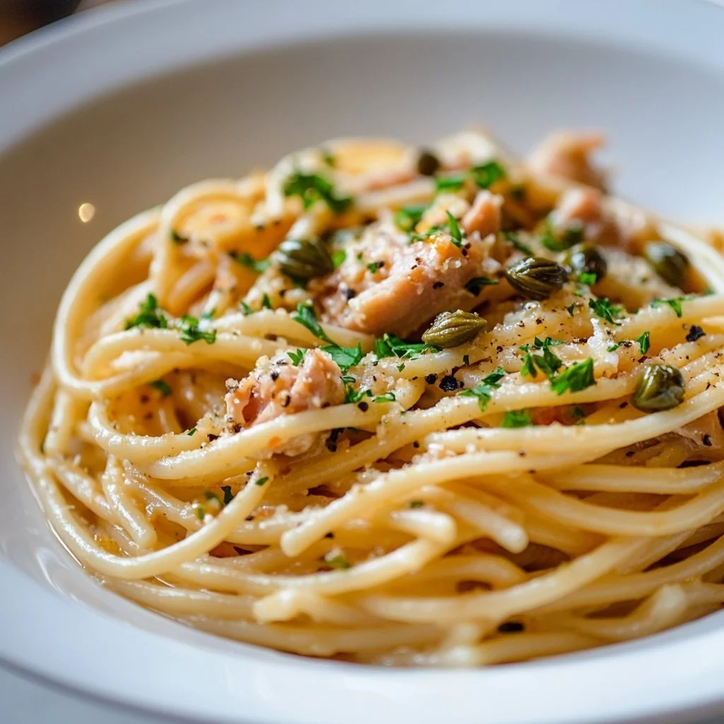 Plate of Garlic Lemon Tuna Pasta garnished with lemon and herbs