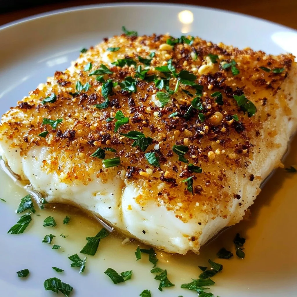 Delicious Garlic Parmesan Crusted Halibut fillet served on a plate