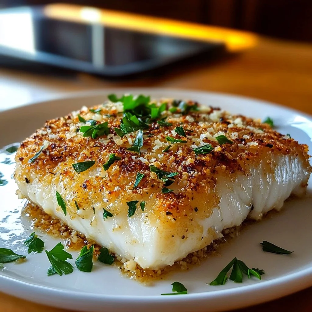 Garlic Parmesan crusted halibut fillet served on a plate with lemon and herbs