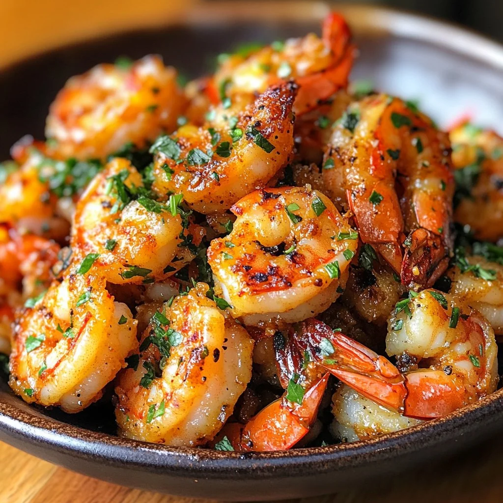 Delicious Garlic Parmesan Roasted Shrimp dish garnished with parsley.