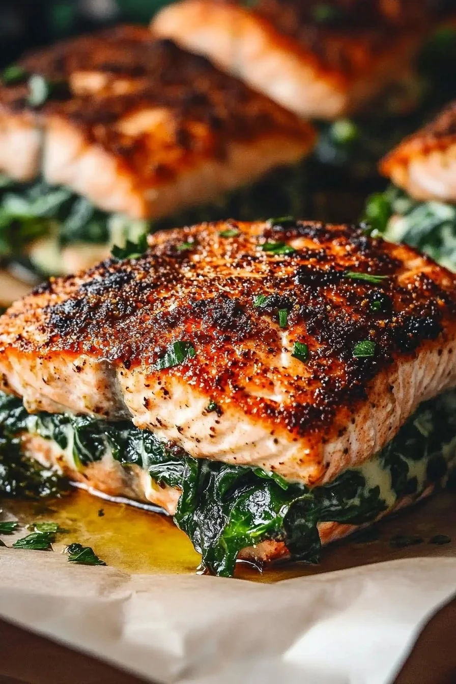 Blackened Salmon Stuffed with Spinach & Parmesan