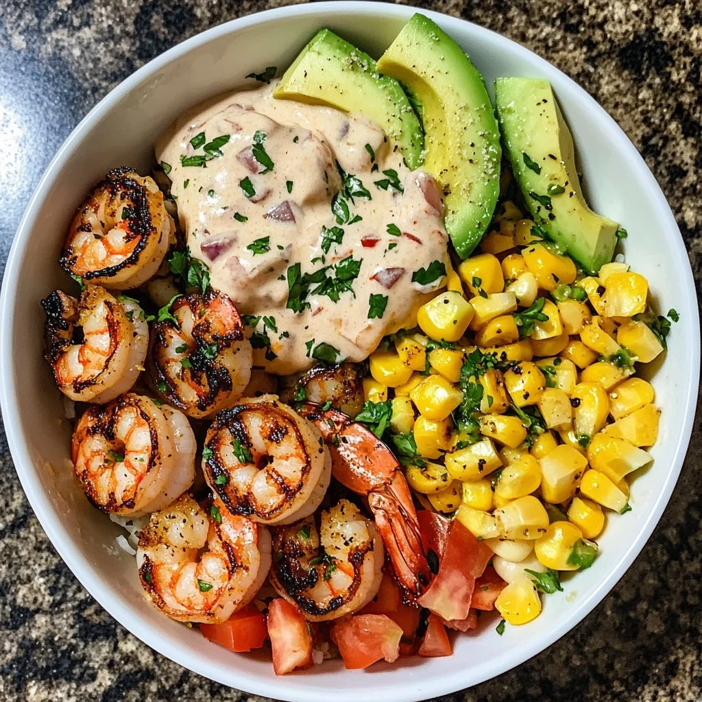 Grilled shrimp bowl with avocado, corn salsa, and creamy sauce on a plate