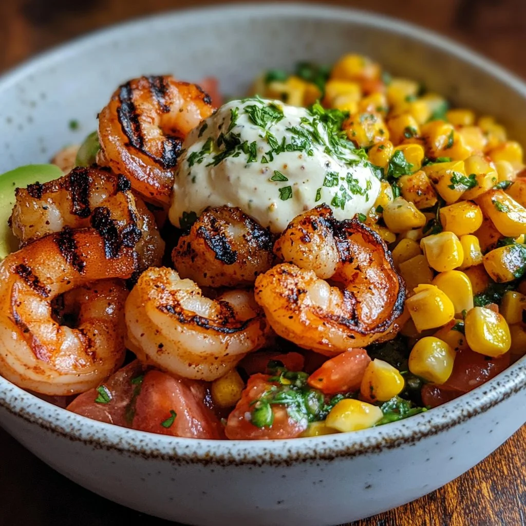 Delicious grilled shrimp bowl with avocado, corn salsa, and creamy garlic sauce