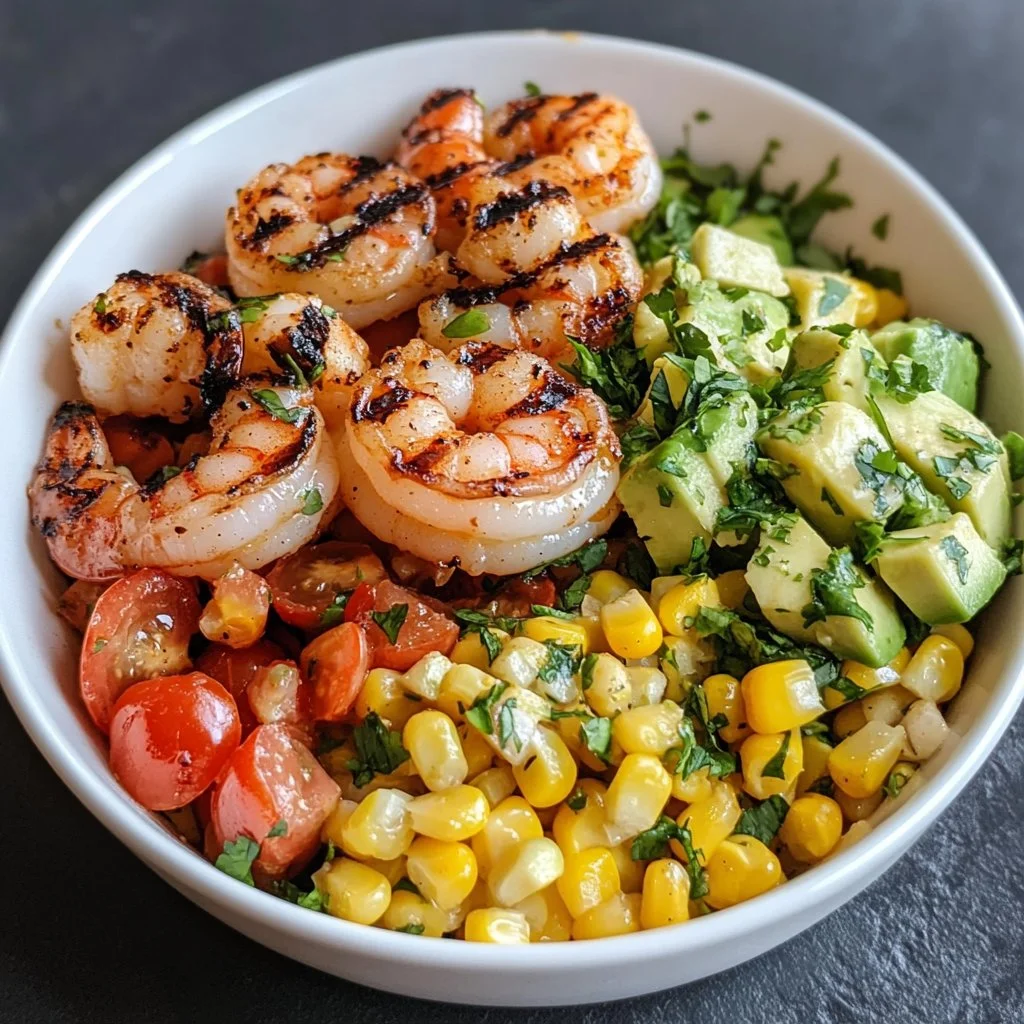 Grilled shrimp bowl with avocado, corn salsa, and creamy garlic sauce